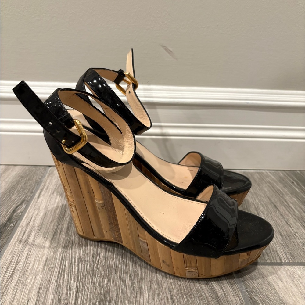 Prada Black Patent Leather Wedges with Tan Accents